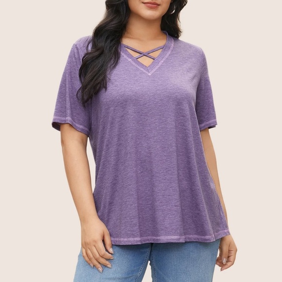 BloomChic Plus Size XL Solid Crisscross Neck Contrast Stitch T-shirt us14-16 - Picture 1 of 7